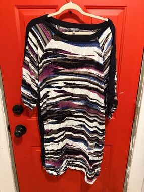 Daisy Fuentes Multicolor Striped Dress- Black, Purple, Blue. 3/4 Sleeve